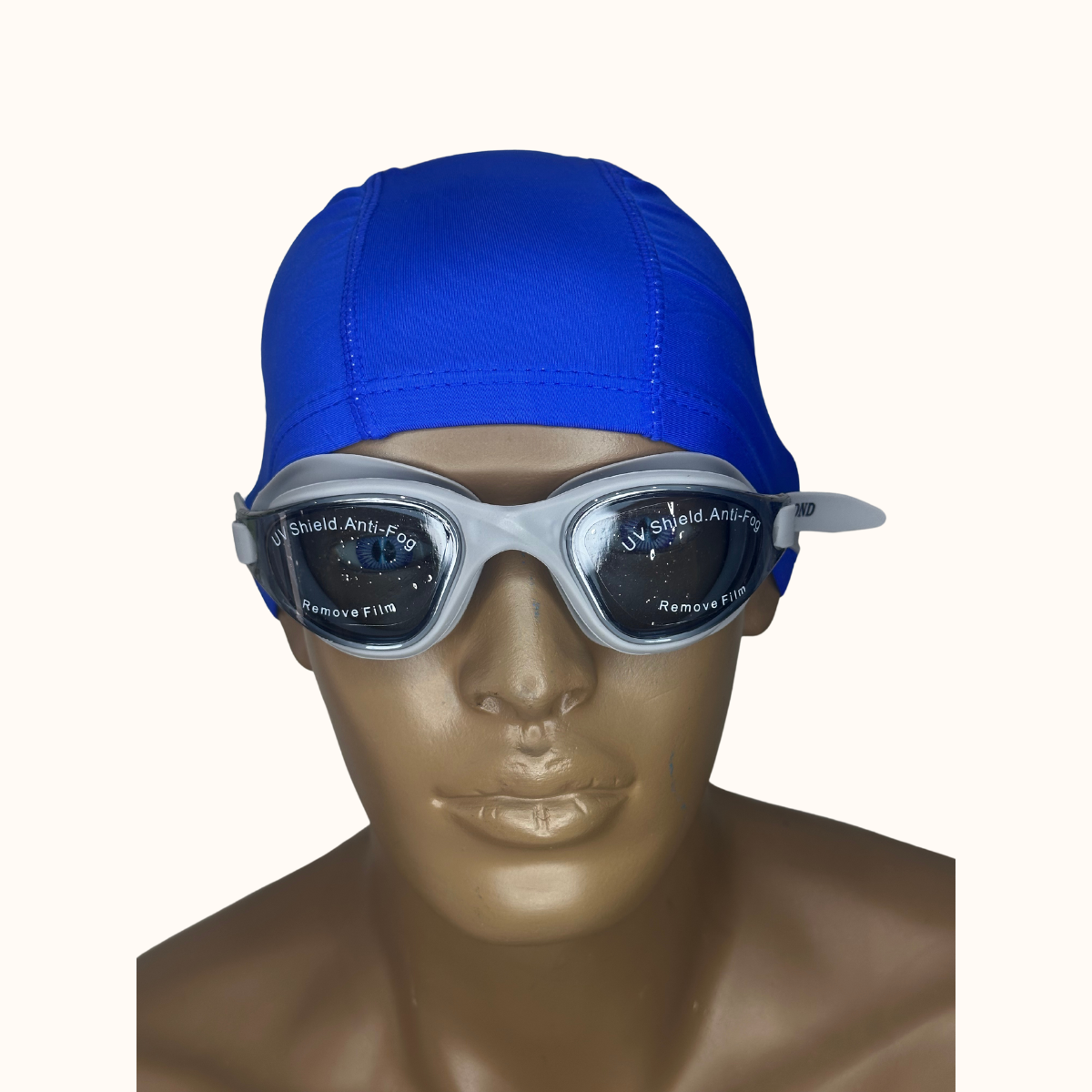 Lentes de Natación Gris y Gorro de licra Azul