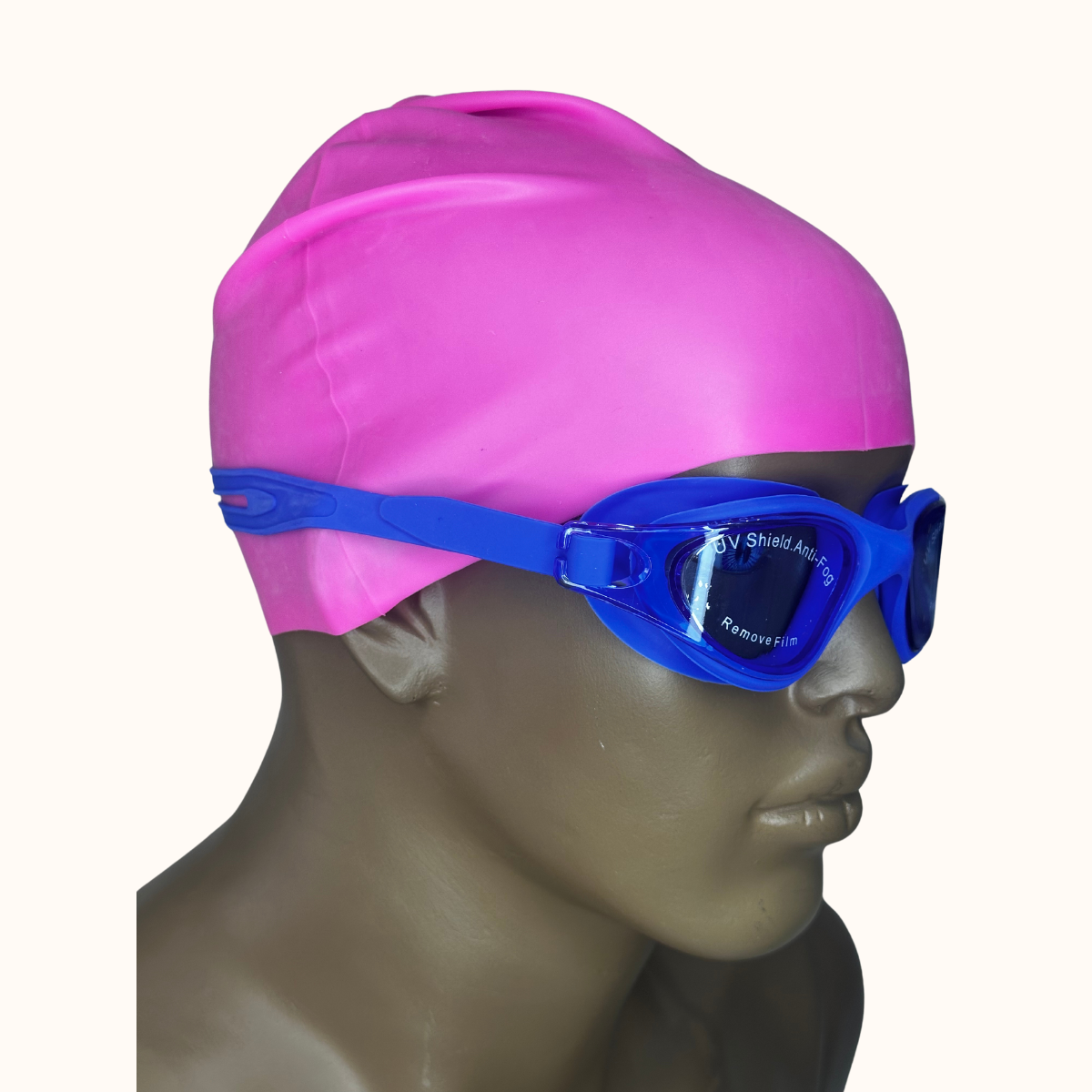Lentes de Natación Azul y Gorro de Silicona Rosado
