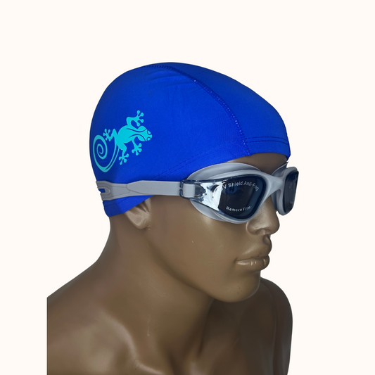 Lentes de Natación Gris y Gorro de licra Azul
