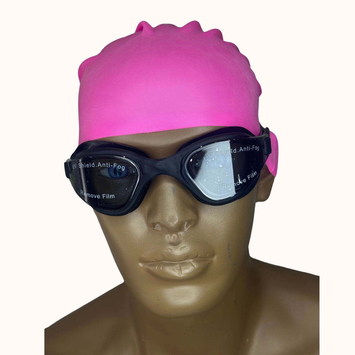Lentes de Natación Negro y Gorro de Silicona Rosado