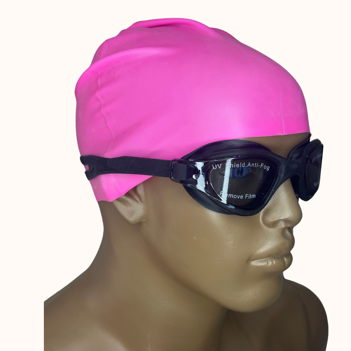 Lentes de Natación Negro y Gorro de Silicona Rosado