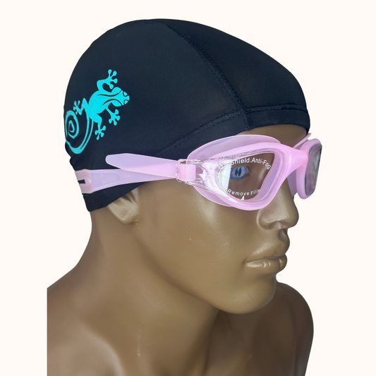 Lentes de Natación Rosado y Gorro de licra Negro